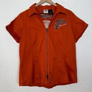 Harley Davidson Women's Orange Full Zip Embroidered Front Short Sleeve Shirt XL